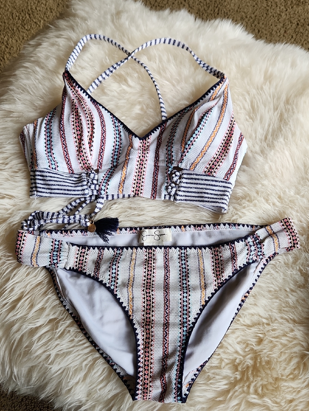 Jessica Simpson Multicolor Striped Bikini Set - Navy Tassels Sz Med